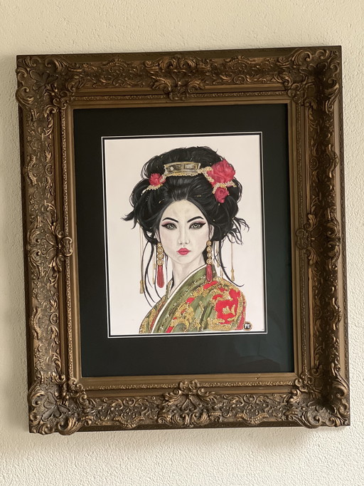 Geisha painting pencil/acrylic old baroque frame