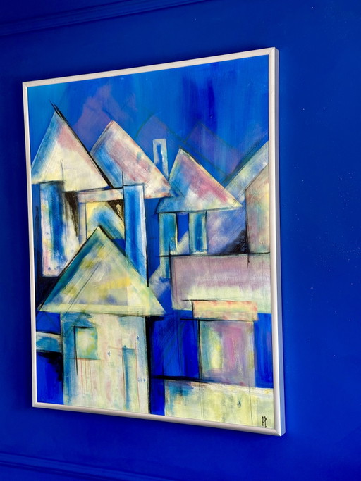 Dipinto di Anke Peddemors, "Case blu elettrico"