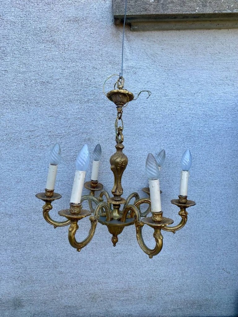 Lustre en Laiton Vieilli A 5 Lumières Style Liberty Avec