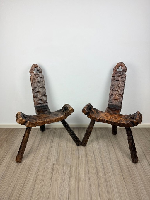 Pair of Antique Rustic Carved Wooden Chairs – stoelen fauteuils