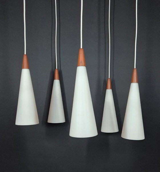 Image 1 of Lampada a sospensione vintage - Fog & Morup | teak | vetro opalino | 5 coni - anni '50