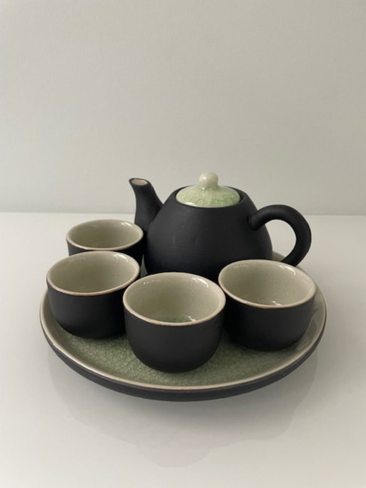Elegante servizio da tè giapponese/asiatico in ceramica verde screpolata