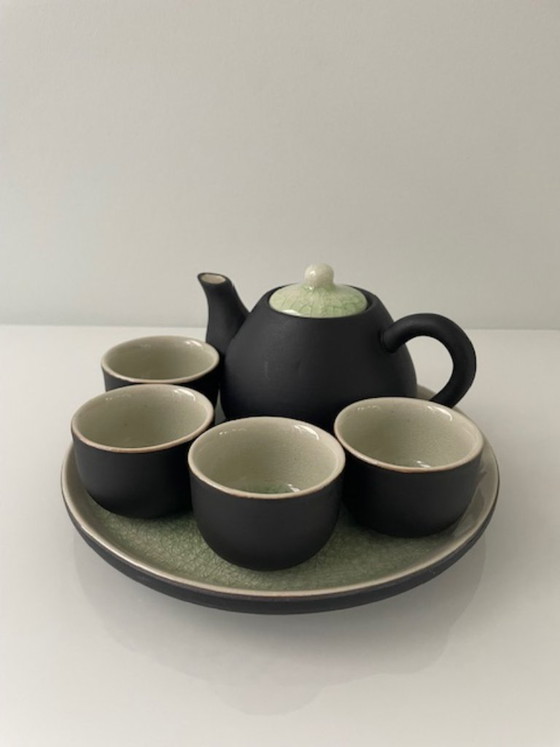 Image 1 of Elegante servizio da tè giapponese/asiatico in ceramica verde screpolata