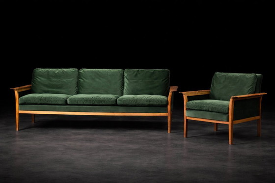 Image 1 of Divano e sedia vintage in palissandro norvegese e velluto verde bottiglia di Knut Sæter per Vatne Møbler, anni '60, set di 2