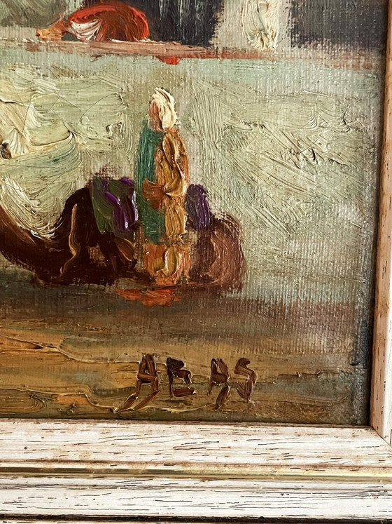 Dipinto a olio con scena orientale, firmato AB 95, Dipinti e disegni, Tela, Legno, Verde, Figuratief (foto 3 di 6)