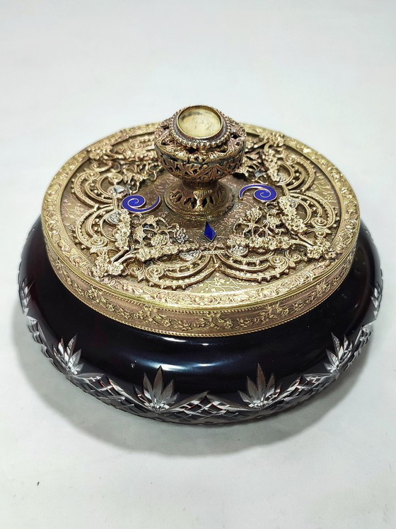 Image 1 of Scatola per gioielli in vetro e metallo E&JB Empire Gold Art. USA, anni '20.