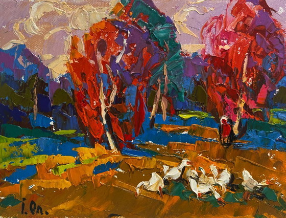 Image 1 of Original Oil Painting Fall Forest Landscape Autumn touches the field