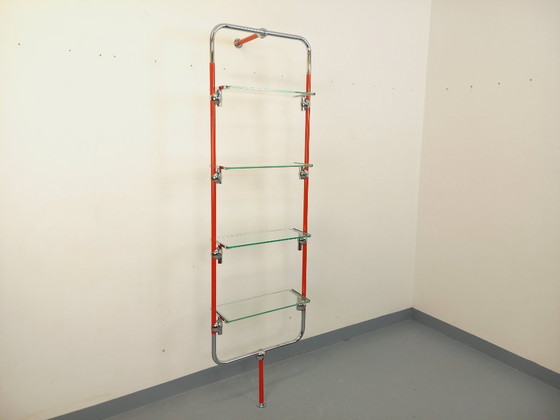 Image 1 of Modular Bauhaus-style vintage bookcase in red metal, chrome and glass from the 1970s