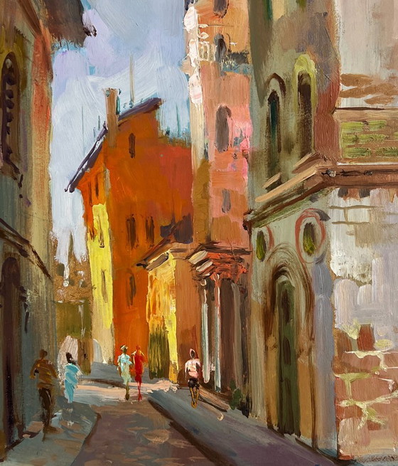 Image 1 of Original Oil Painting City Street Landscape Street of old memories of the city