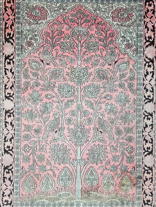 Handgeknüpfter orientalischer Seidenteppich aus Kaschmir mit rosa Blumenmuster, 125 x 186 cm
