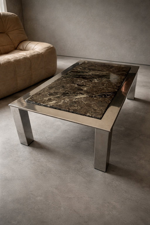 Table basse 1970 chrome et marble vert