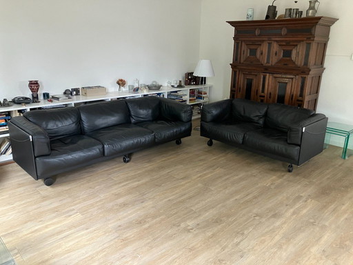 Poltrona Frau Twice Seating Group in Black Leather and Chrome