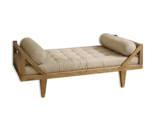 Image 1 of Banquette lit d’appoint style campagne chic lin écru beige capitonnée et bois 