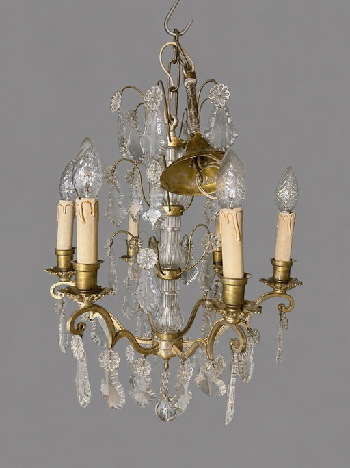 Lustre ancien/vintage en laiton orné de cristaux – environ 60 cm de hauteur – kroonluchters, Copper (photo 2 of 5)