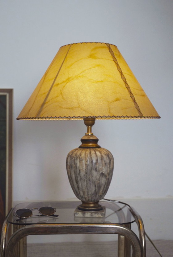 Image 1 of Vintage Italian Neoclassical Urn Table Lamp Faux Marble Stone Ceramic Lamp Parchment Shade Organic Modern Mediterranean Lighting