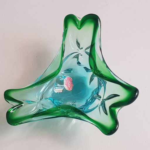 2X Vintage blauw en groen Murano glas vaas en kom