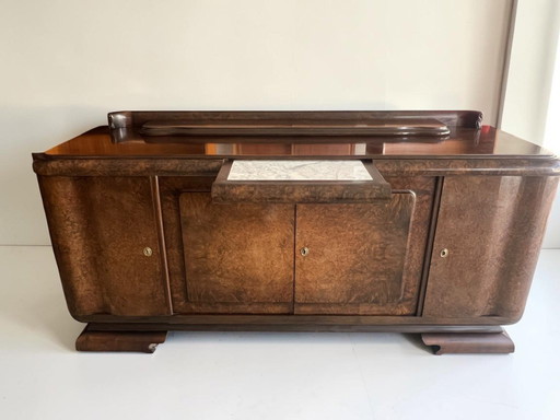 Art Deco Sideboard Nussbaum 1930 mit Marmor Servierplatte – Vintage Bar Cabinet, Burl Walnut Credenza, Luxury Statement Piece