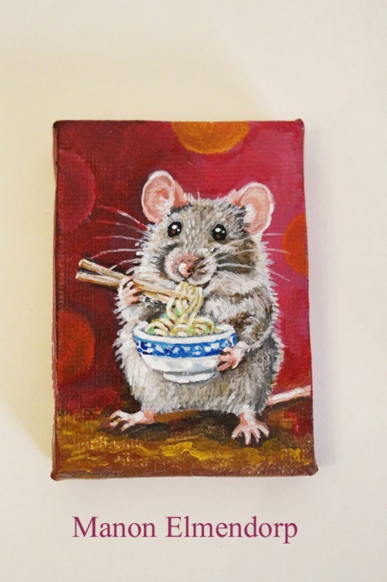 Image 1 of Unique Hand-Painted Little Mouse Painting, Signed