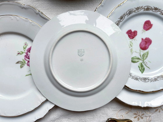 6 Vintage White Gilded Porcelain Plates + 6 Mismatched Floral Small Plates – Crockery (photo 9 of 17)