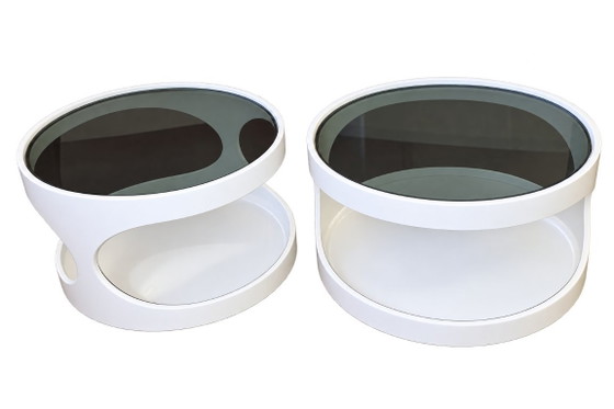 Two round side tables with white frame and smoked glass top, NEBU Holland, Coffee tables, Plastic, Space Age (photo 3 of 6)