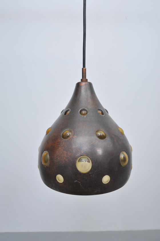 Image 1 of 2x Deckenleuchte aus Kupfer mit Buntem Glas (1960er)