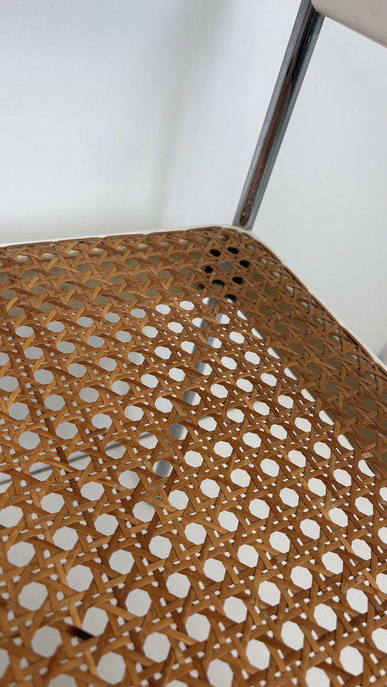 Image 1 of 2 x vintage armchair rattan/webbing chrome tube frame white wood