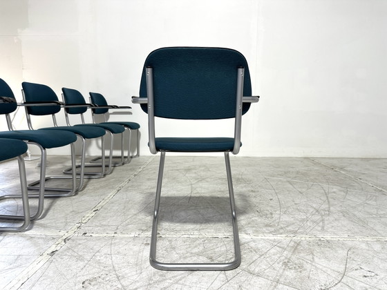6x Artifort Lande Jami Stoelen - Buisframe Sledemodel - Bakeliet - Petrolblauw – Eetkamerstoelen, Metal (photo 6 of 9)