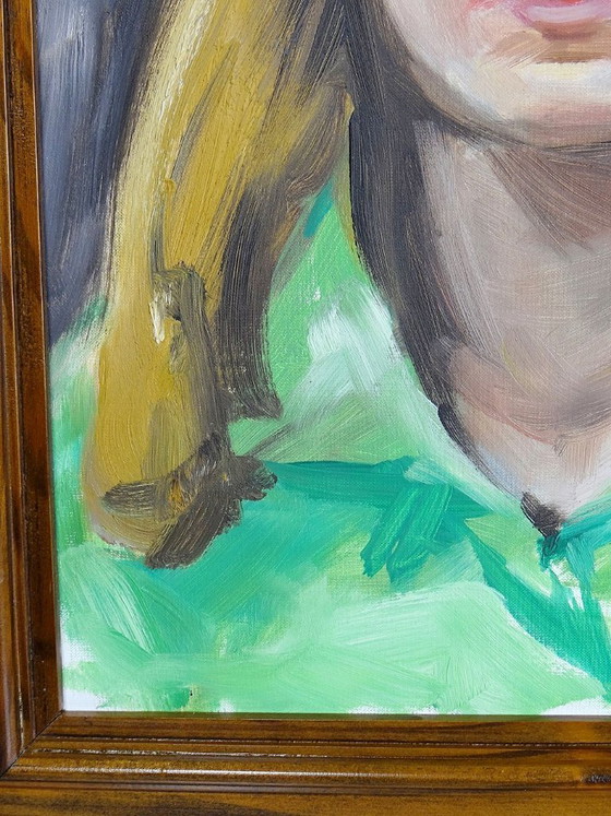 Image 1 of Vintage portrait "The Woman in Green", oil on canvas board, wooden frame