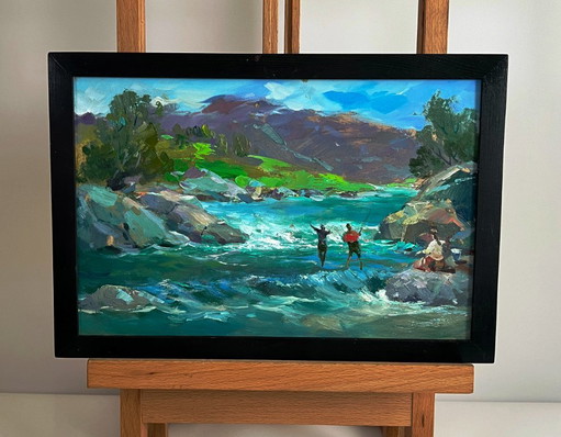 Peinture à l'huile originale représentant une rivière de montagne où la pêche estivale est en pleine nature
