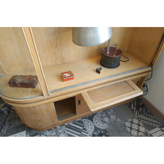 Image 1 of Pair of vintage oak display cabinets with rounded glasses, Czechoslovakia