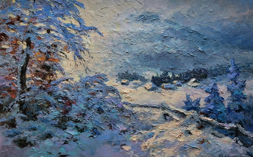 Original Oil Painting Evening Village Landscape In the Winter Mountains – schilderijen tekeningen, Canvas