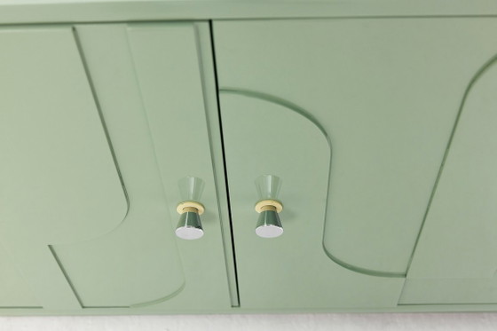 Vintage Sideboard, Wood, Relief, Pastel Green, High-Gloss Finish, 1970s (photo 4 of 15)