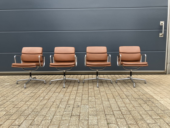 Image 1 of 4x Cognac Leather Vitra Office Chairs EA108 Softpad Swivel