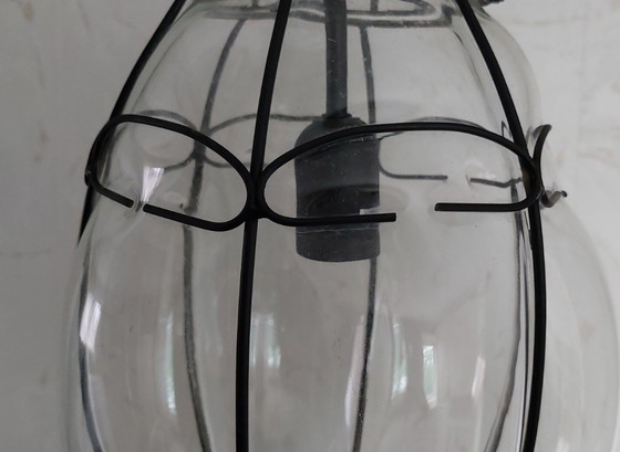 Image 1 of Lampada a sospensione veneziana, soffiata in gabbia di ferro, Murano,