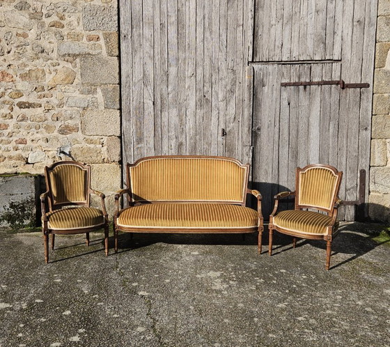 Image 1 of French Antique green Velvet Sofa - Solid Wood Lounge Seater-Claude Sené Style - Louis XVI-late 1900th