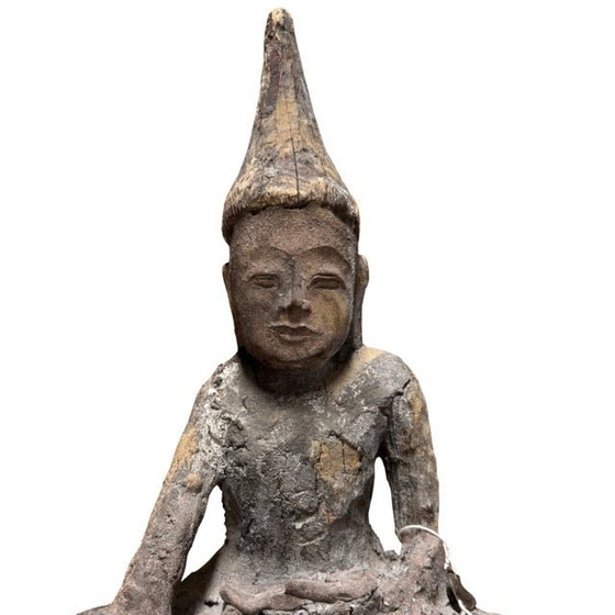 Estatua antigua de Buda Shan de madera – Birmania/Myanmar – Siglos XVIII/XIX – con antiguo sello de (photo 10 of 10)