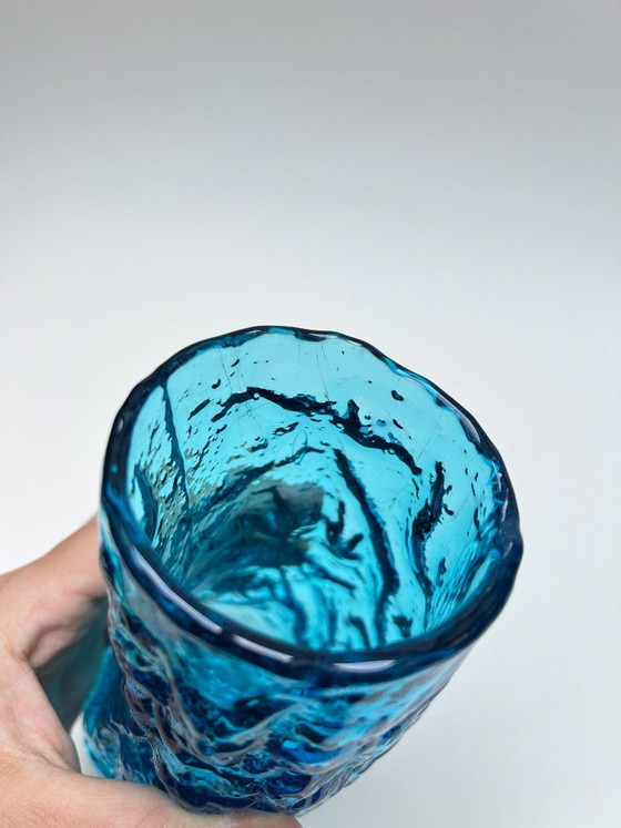 Image 1 of Vintage textured frosted glass vase, mid-century modern look, bark glass, Ingrid Whitefriars Bark turquoise blue