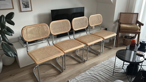 4 cantileverstoelen met Weens vlechtwerk – nieuw en ongebruikt – eetkamerstoelen, Wood, Chrome