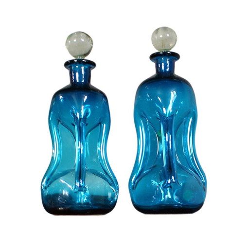 Pair of vintage "kluk kluk kluk" glass carafes by Jacob E. Bang for Holmegaard, Denmark 1950