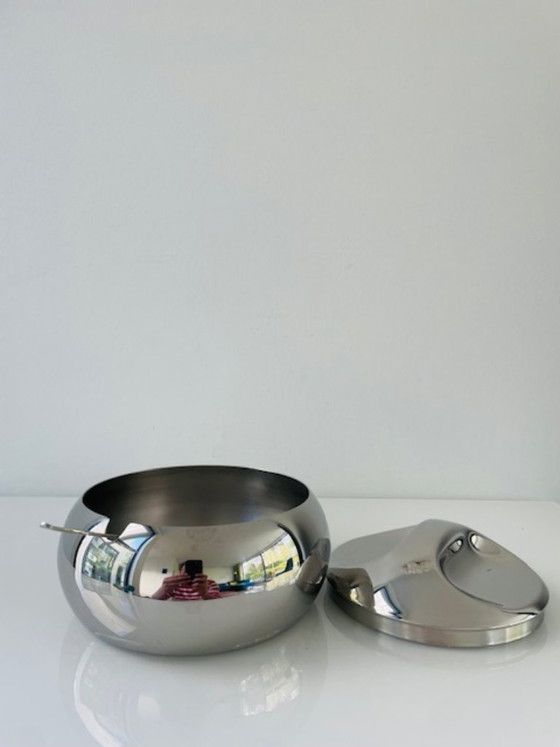 Image 1 of Vintage space age stainless steel sugar bowl with spoon – Tramontina design