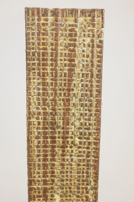 Image 1 of Brutalist style stoneware vase with plant decoration. Year 1977.