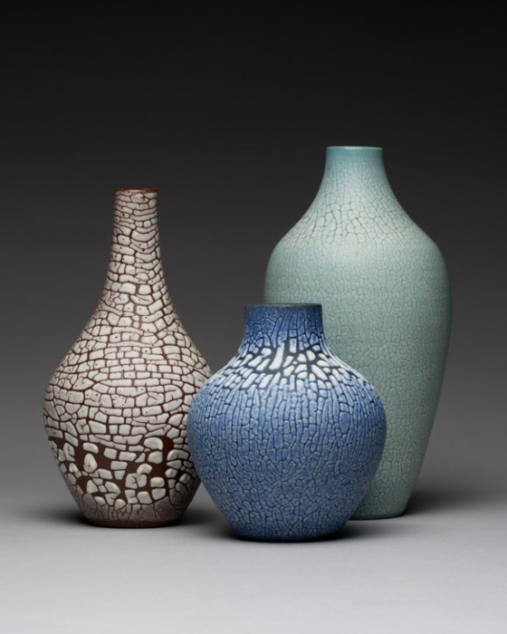 Image 1 of ALBERT KIESSLING "SNAKESKIN" Vase TRIO East German Pottery REDUKTIONSGLASUR GDR