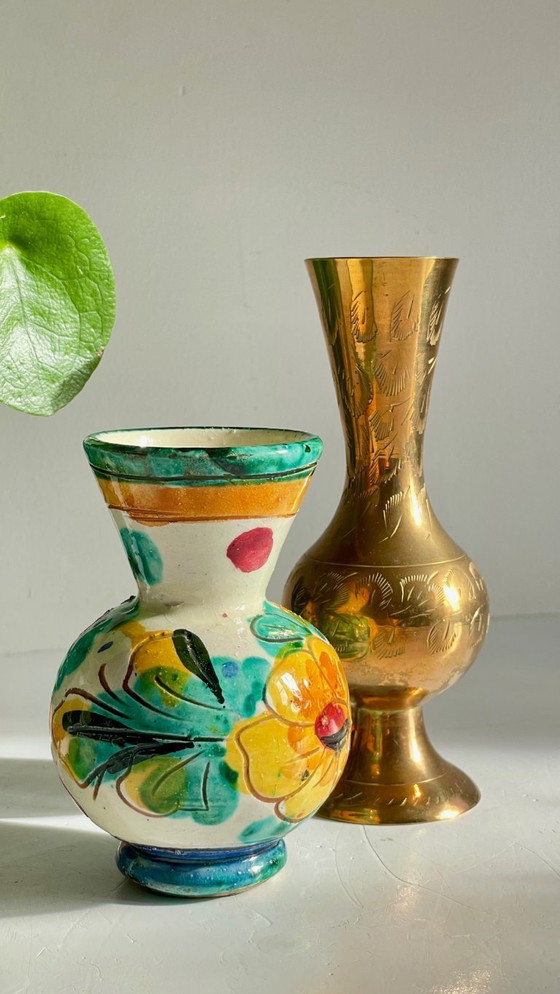 Image 1 of Vintage Handcrafted Ceramic and Brass Vases