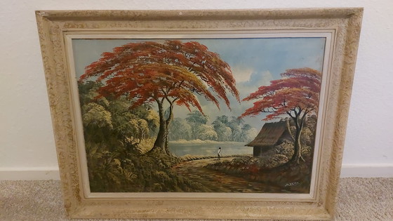 Image 1 of Painting of a landscape in Indonesia with a hut and a man