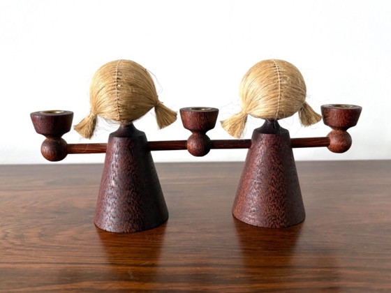 Image 1 of Retro teak candlestick/candle holder girls statue 60s