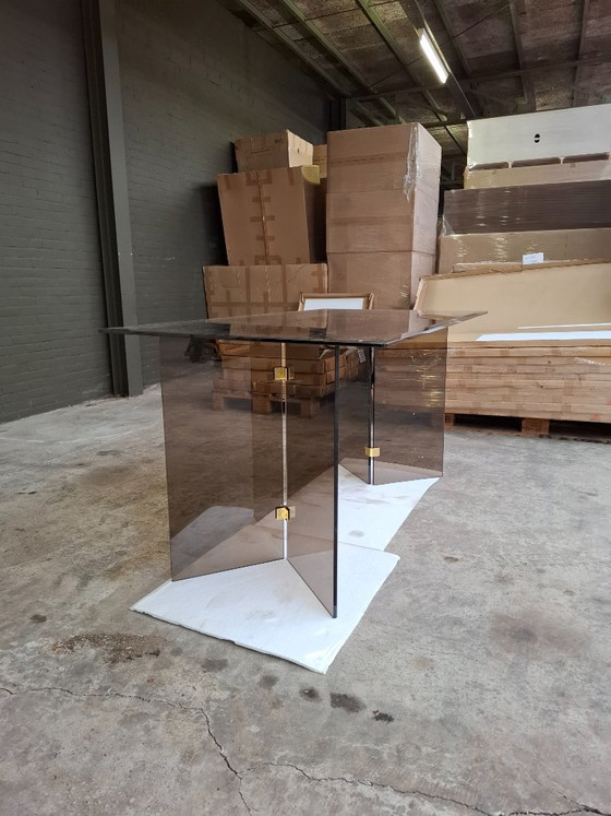 Hollywood Regency Dining Table / Desk – Smoked Glass & Brass (Pace Style) – NEW (photo 8 of 10)