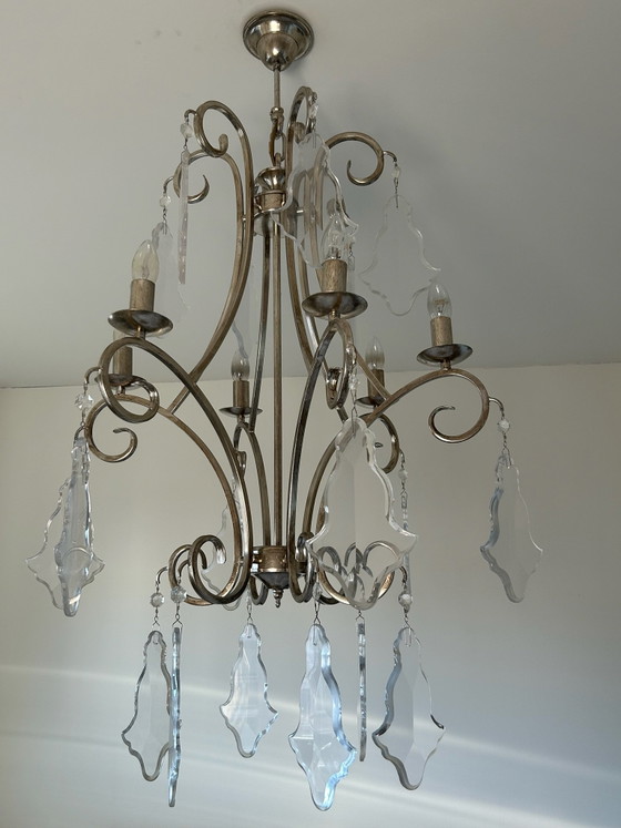 Large design chandelier with glass pendants, 120 by 65 cm, Metal, Silver (photo 6 of 6)