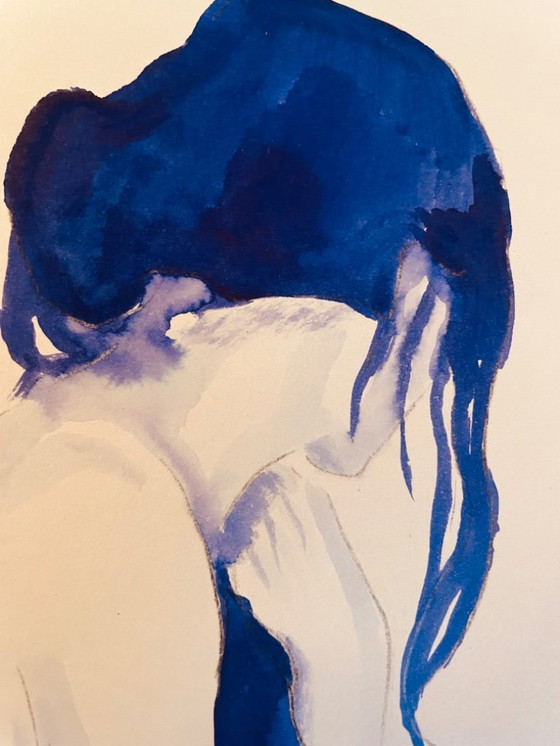 Image 1 of Retrato en acuarela monocromático azul índigo de una mujer "saliendo del baño".