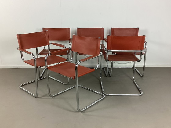 6 Vintage Mart Stam S34 Slede Design Stoelen Seventies – Eetkamerstoelen, polished steel, Leather (photo 4 of 11)