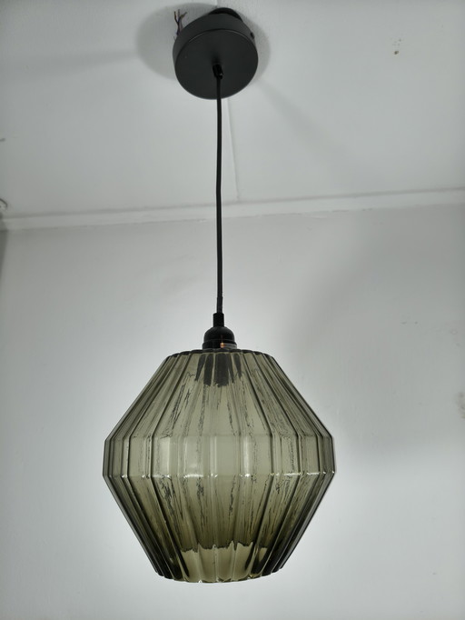 Lampada a sospensione retrò in vetro fumé a coste